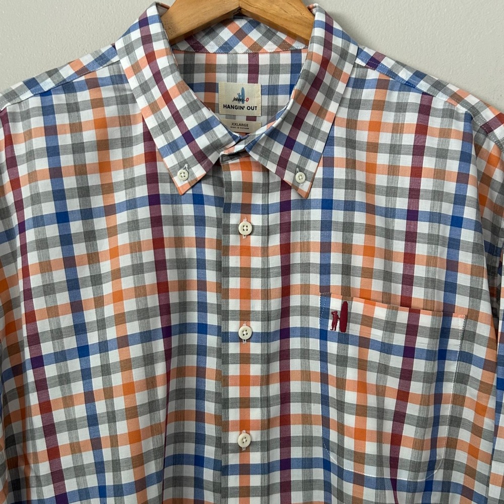 johnnie-O Hangin Out Shirt Mens XXL Orange Blue Plaid Long Sleeve Button Down